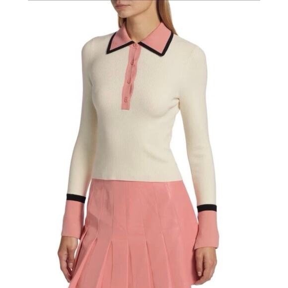 ALICE + OLIVIA Women’s Cream and Pink Colorblocked Wool Blend Knit Top - Picture 2 of 7